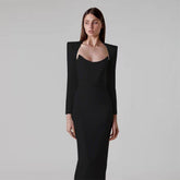 Square Collar Long Sleeve Slit Midi Bandage Dress